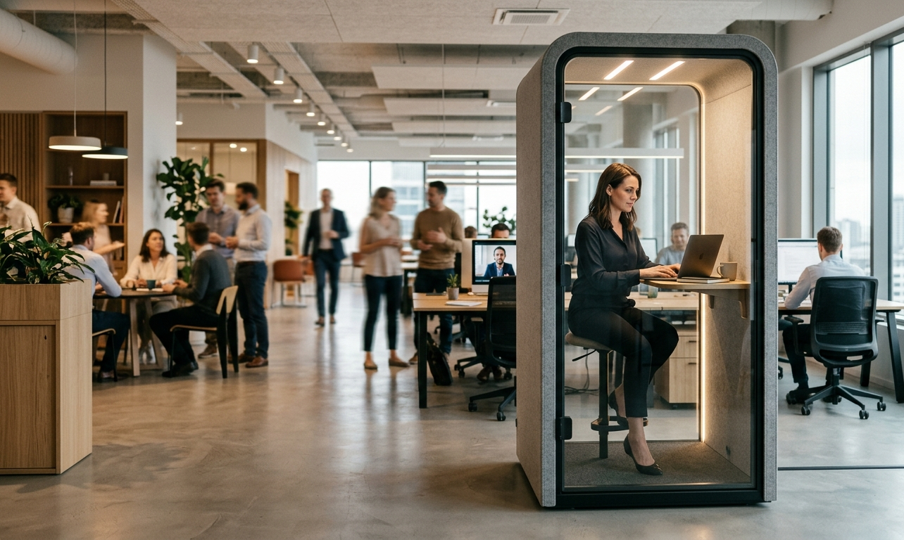 cabine acoustique bureau dans un open space avec salariée en visioconférence
