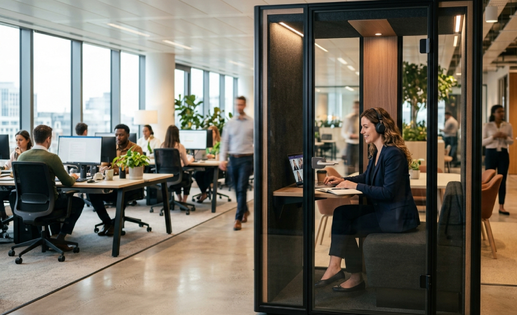 cabine acoustique de bureau utilisée pour un appel téléphonique en open space