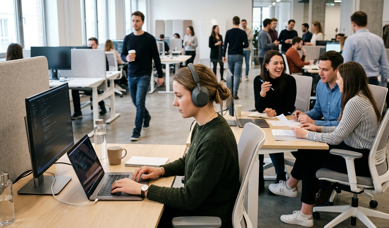 salariée avec casque anti bruit travaillant dans un open space bruyant