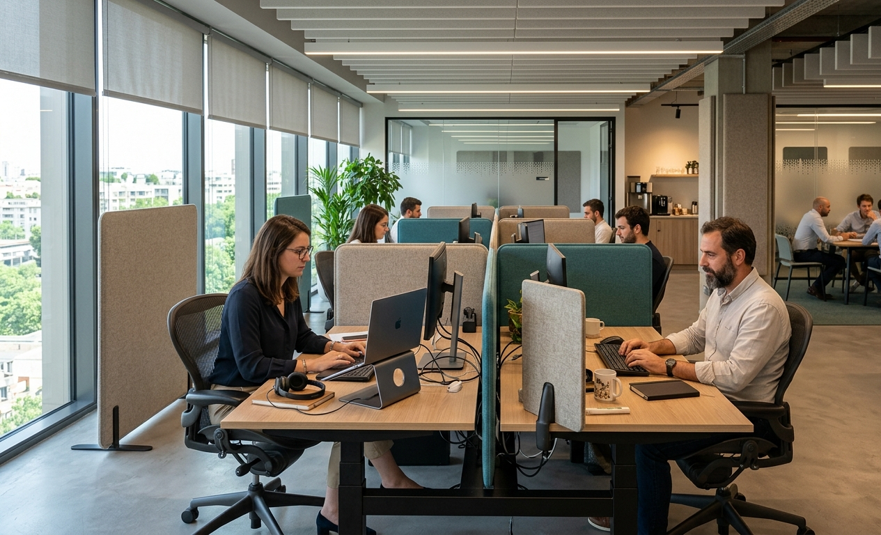 cloisons acoustiques de bureau entre postes de travail open space pour réduire les conversations