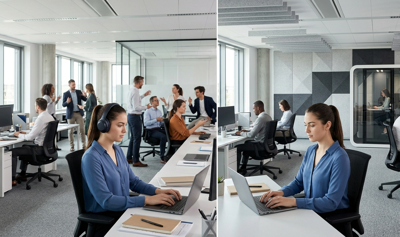 comparatif casque anti bruit bureau et traitement acoustique open space avec cabine et panneaux