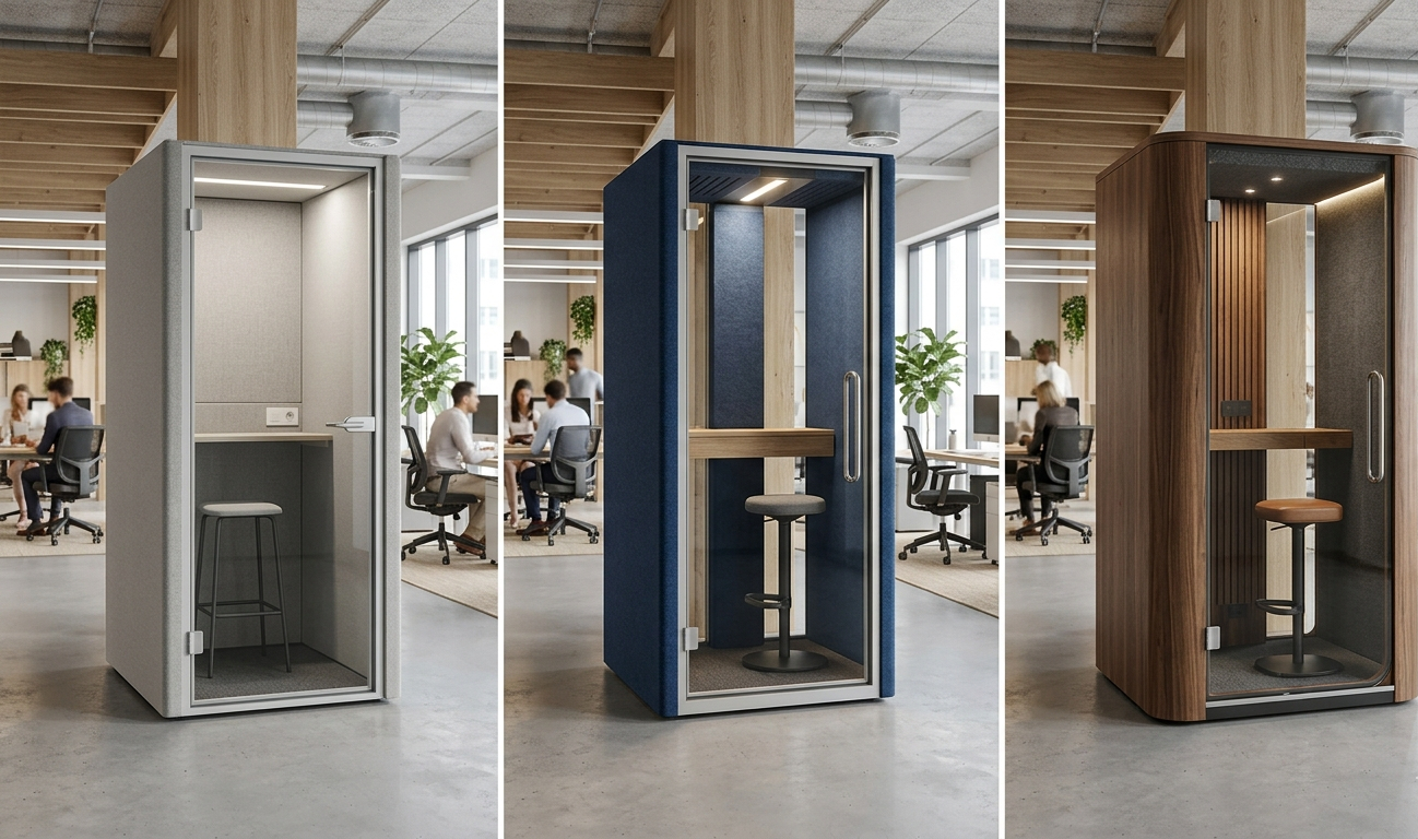 comparatif de trois cabines acoustiques de bureau entrée de gamme milieu de gamme et premium