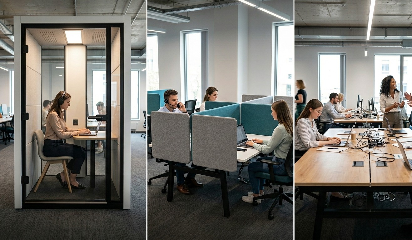 comparatif solutions acoustiques bureau cabine phone booth panneaux et open space sans traitement