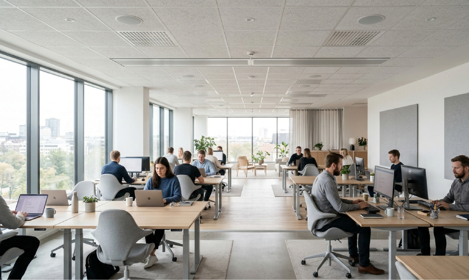 système de masquage sonore en open space avec émetteurs plafond pour réduire l'intelligibilité des conversations