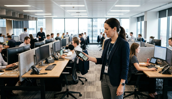 mesure du niveau sonore en open space avec un sonomètre pour évaluer le bruit au bureau