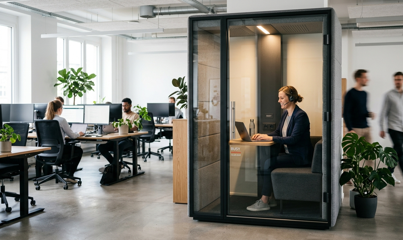 phone booth de bureau utilisé pour une visioconférence dans un open space