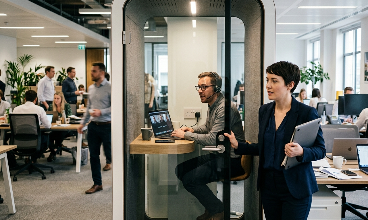 cabine acoustique de bureau utilisée pour une visioconférence dans un open space bruyant
