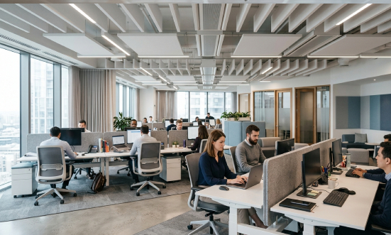 solutions acoustiques sans travaux en open space avec panneaux suspendus au plafond et séparateurs de bureau
