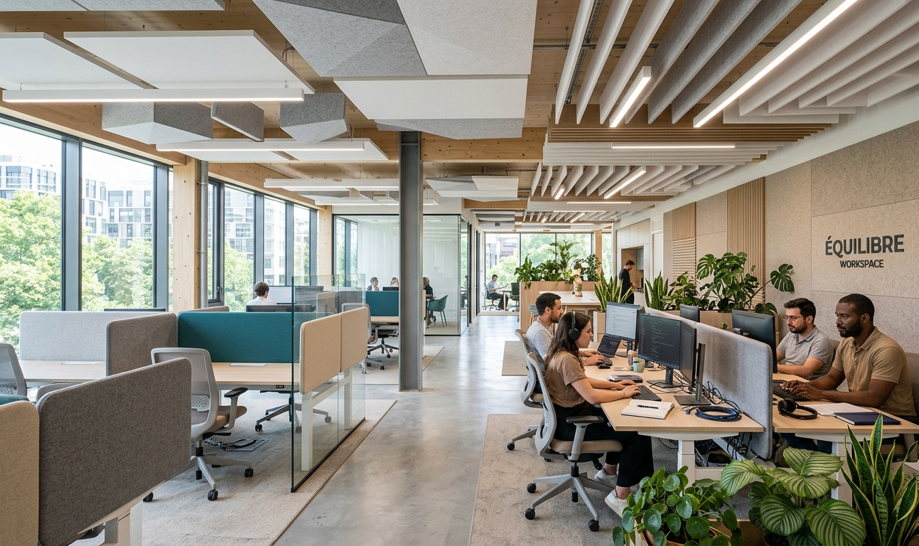 traitement acoustique open space avec panneaux plafond murs et cloisons de bureau